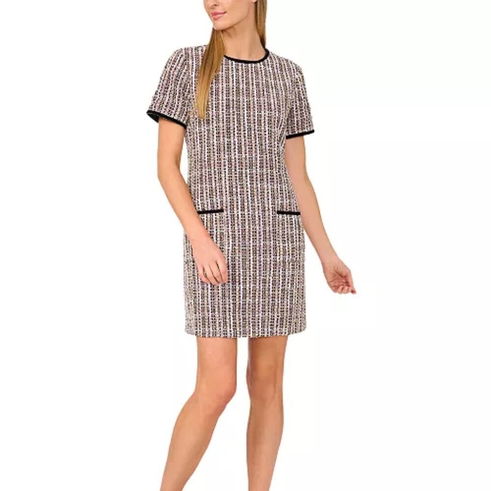 NWT CeCe Women's Contrast-Trim Tweed Short-Sleeve Dress - Sz 10 - MSRP $159 - Picture 1 of 5